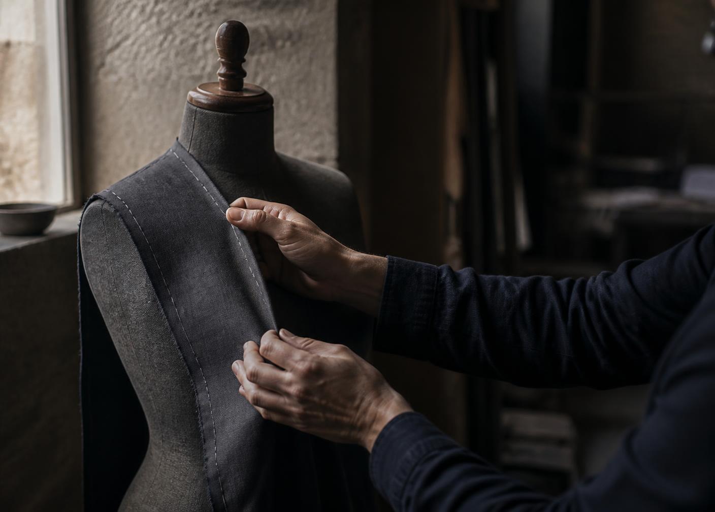 Hands adjusting fabric on a tailor's form in a quiet studio
