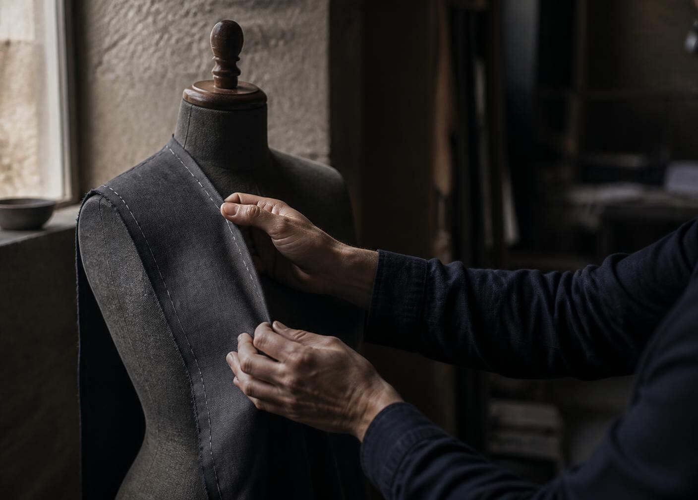 Hands adjusting fabric on a tailor's form in a quiet studio