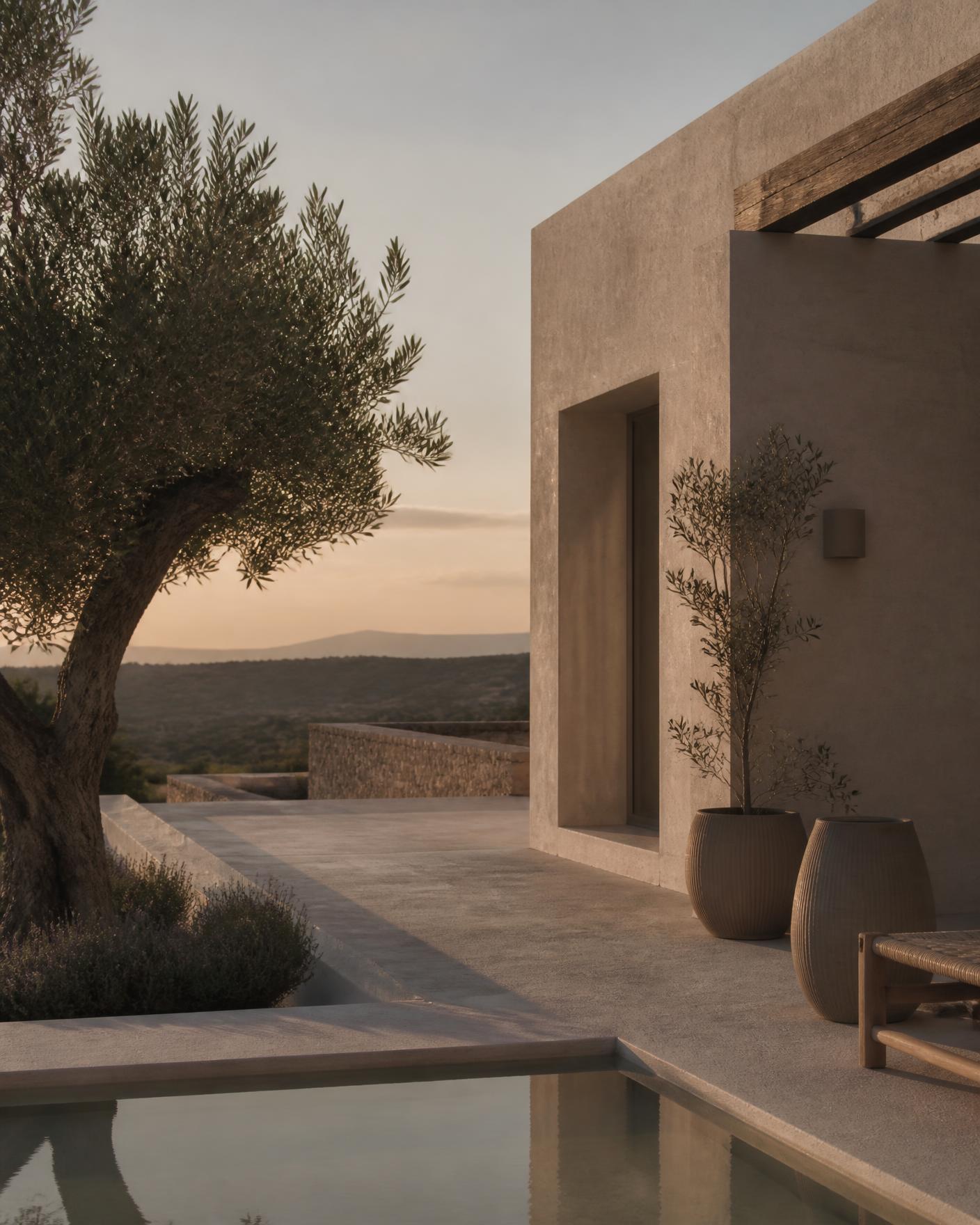 A quiet Mediterranean villa terrace at dusk