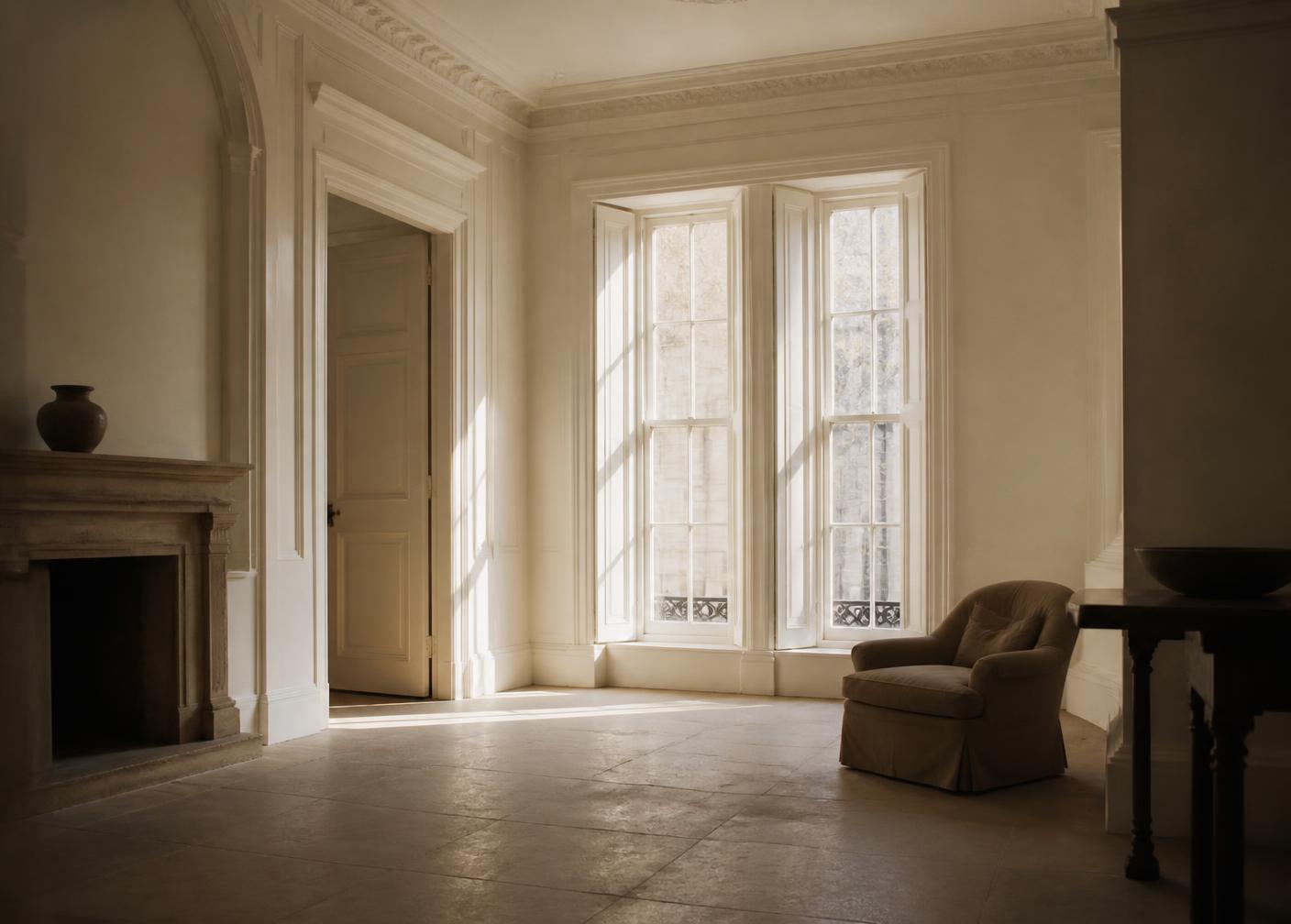 A quiet, unfurnished reception room in a period townhouse, lit by tall shuttered windows